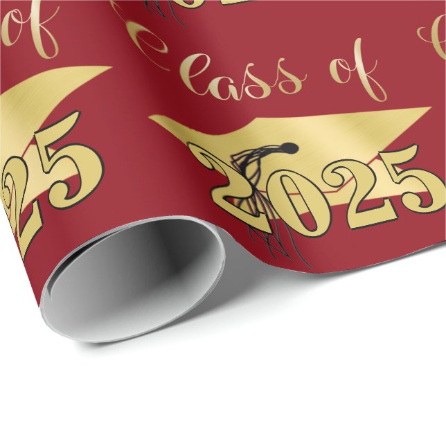 Papel De Presente Graduação Vermelho Metálico Dourado Classe Ano (Ponta do rolo)