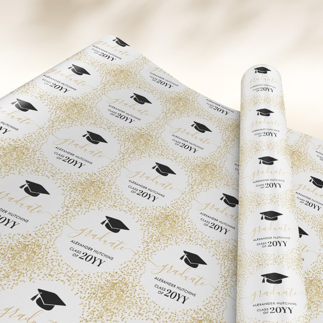 Papel De Presente Graduate Glitter Dourado Confete Branco Preto (Criador carregado)