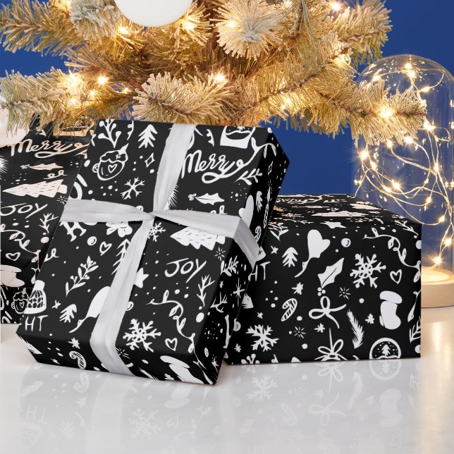 Papel De Presente Gráfico das ilustrações de Natal em preto (Feriados)