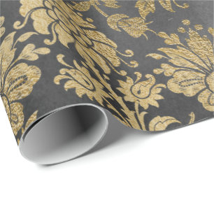 Papel De Presente Grafite Dourada Floral Royal Cottage Damask