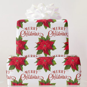 Papel De Presente Grande Poinsettia Vermelha Feliz Natal Branco