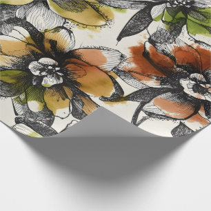 Papel De Presente Grandes Flores Abstratas com Caneta e Tinta e Lava