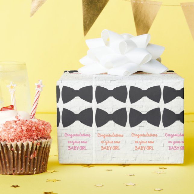 Papel De Presente Gravatas Arcos Pretas em Branco com Texto Rosa par (Festa de aniversário)