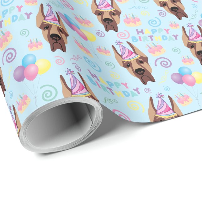 Papel De Presente Great Dane Birthday Gift Wrapping Paper Blue (Ponta do rolo)