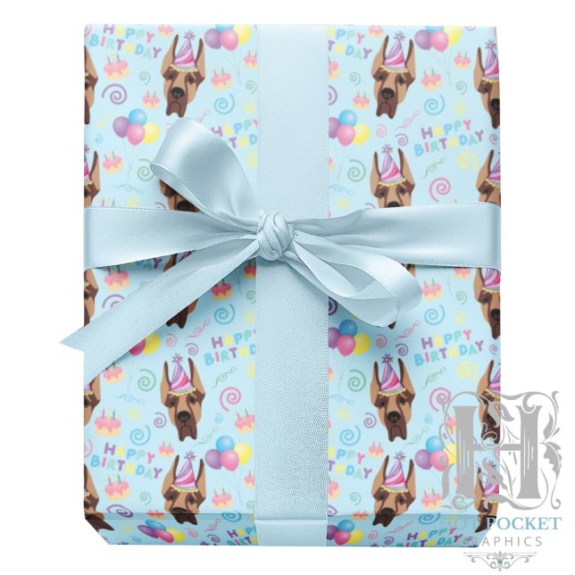 Papel De Presente Great Dane Birthday Gift Wrapping Paper Blue (Criador carregado)