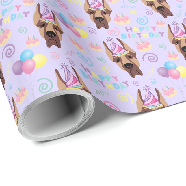 Papel De Presente Great Dane Birthday Gift Wrapping Paper Purple (Ponta do rolo)
