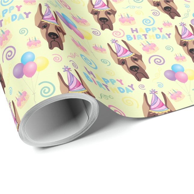 Papel De Presente Great Dane Birthday Gift Wrapping Paper Yellow (Ponta do rolo)