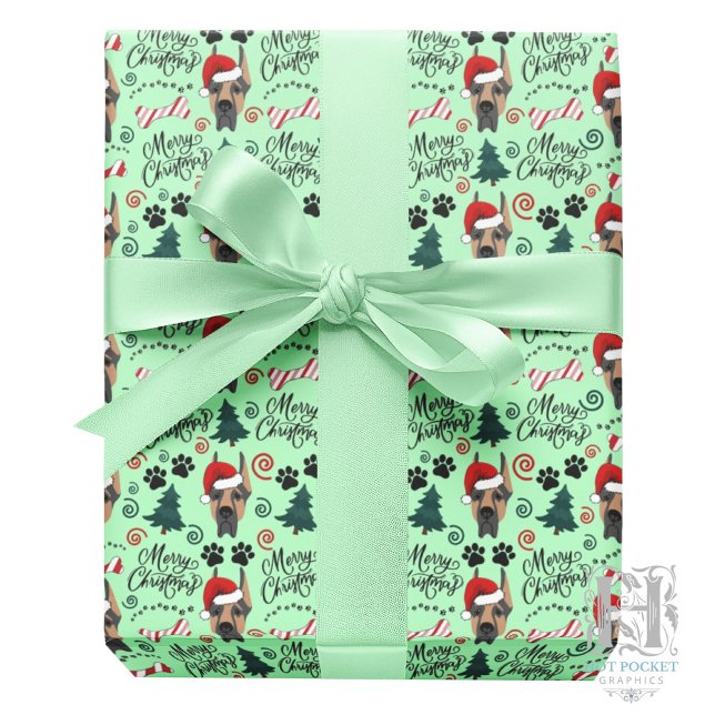 Papel De Presente Great Dane Christmas Gift Wrapping Paper in Green (Criador carregado)