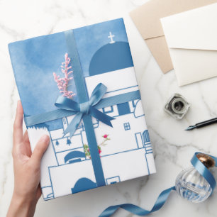 Papel De Presente Grécia Santorini de Cor Azul e Branca
