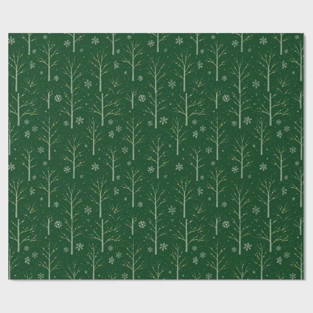 Papel De Presente Green Birch Tree  – Winter Snowflake & Warm Light  (Aberto)