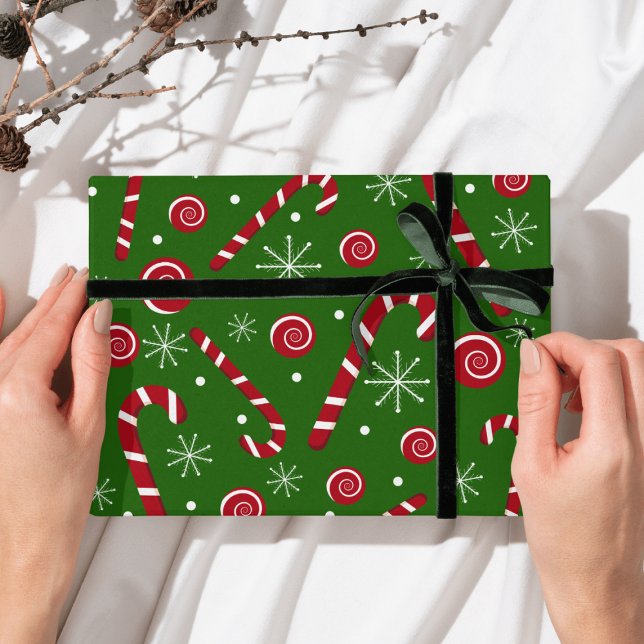 Papel De Presente Green Candy Cane & Swirl Christmas Wrapping paper  (Criador carregado)