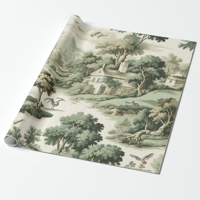Papel De Presente Green Countryside Hot Air Balloon Toile (8) (Desenrolado)