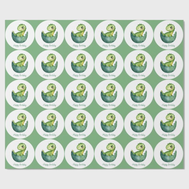 Papel De Presente Green Dinosaur Custom Watercolor Happy Birthday (Aberto)