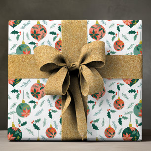 Papel De Presente Green Holly Red Poinsettia Christmas Bauble