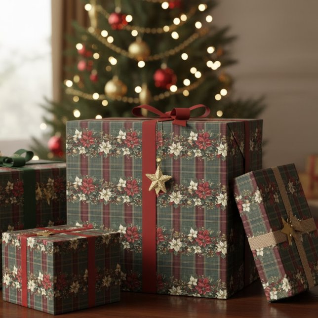 Papel De Presente Green Plaid Red Gold Poinsettia Christmas Pattern (Criador carregado)
