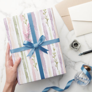 Papel De Presente Green Purple Stripes Floral Aniversário