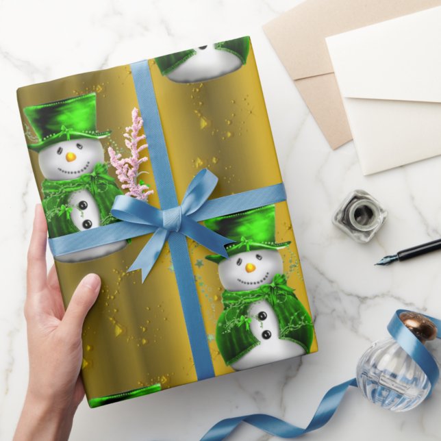 Papel De Presente Green Snowman no Dourado Natal (Criador carregado)