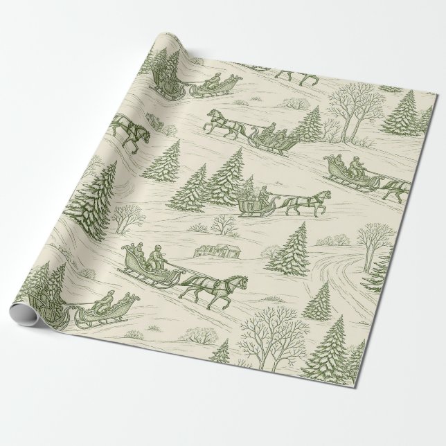 Papel De Presente Green Toile Christmas Sleigh Ride Pattern (2) (Desenrolado)