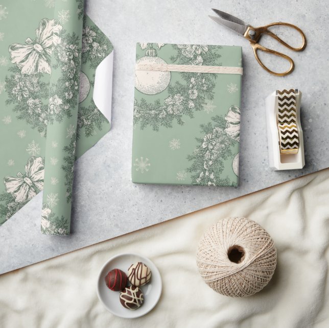 Papel De Presente Green Toile Christmas Wreath Pattern (Artesanato)