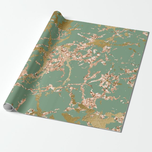 Papel De Presente Greenery Mint Sage Rosa Dourado Marble Stroke (Desenrolado)