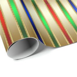 Papel De Presente Grelha Festiva Strips Vermelho Azul Dourado