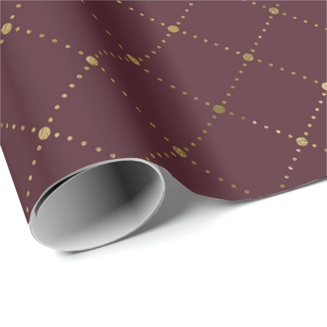 Papel De Presente Grelha Geométrica Dourada de Cristais  Maroon (Ponta do rolo)