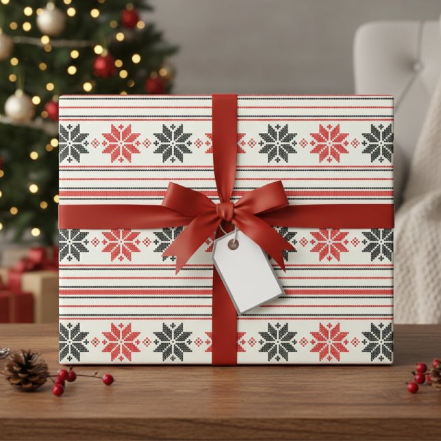 Papel De Presente Greve Nórdica em Flocos de Neve (Nordic Snowflake Stripe Wrapping Paper)