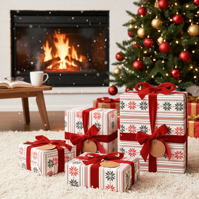 Papel De Presente Greve Nórdica em Flocos de Neve (Nordic Snowflake Stripe Wrapping Paper)