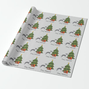 Papel De Presente Greyhound Italiano Azul E Branco E Árvore De Natal