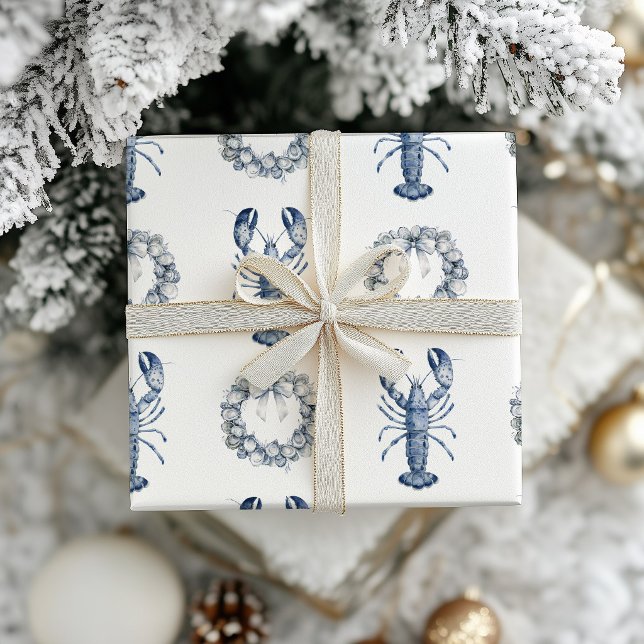 Papel De Presente Grinalda de Lagosta Azul da Nova Inglaterra + Conc (Lobster Oyster Shell Wreath Gift Paper)
