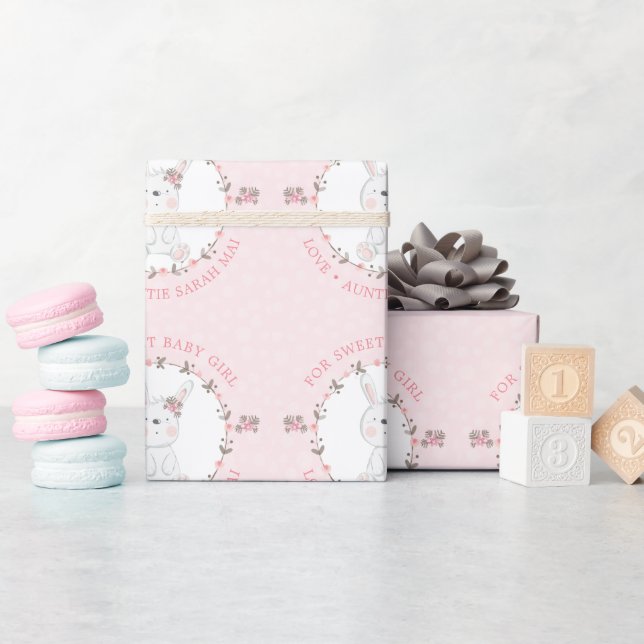 Papel De Presente Grinalda Floral de Bebê Bunny Rosa Personalizada (Chá de bebê)