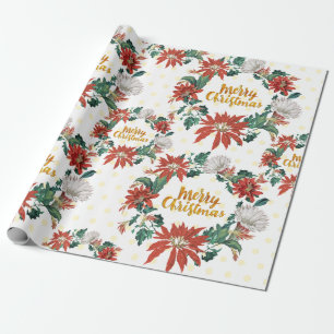 Papel De Presente Grinalda Floral de Natal em Dourado com Poinsettia