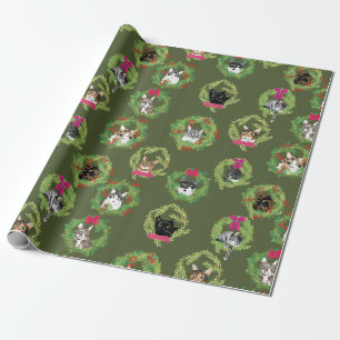 Papel De Presente Grinaldas do gato do feriado no verde