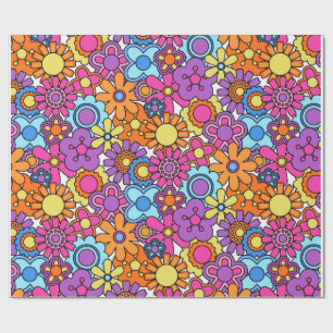 Papel De Presente Groovy Anos 70 Retro Flower Power Floral Colorido