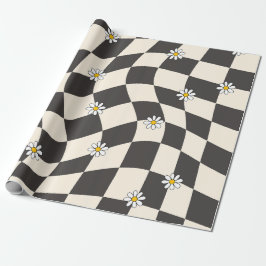Papel De Presente Groovy Daisy Floral Xadrez, Y2K 90s Embrulho