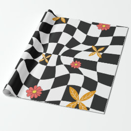 Papel De Presente Groovy Daisy Floral Xadrez, Y2K 90s Embrulho