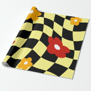 Papel De Presente Groovy Daisy Floral Xadrez, Y2K 90s Embrulho