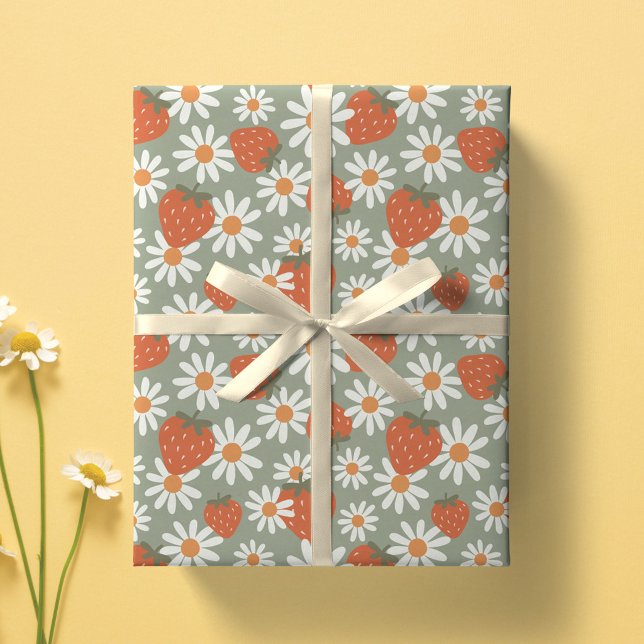 Papel De Presente Groovy Daisy Impressão de Morango Verão Primavera  (Criador carregado)