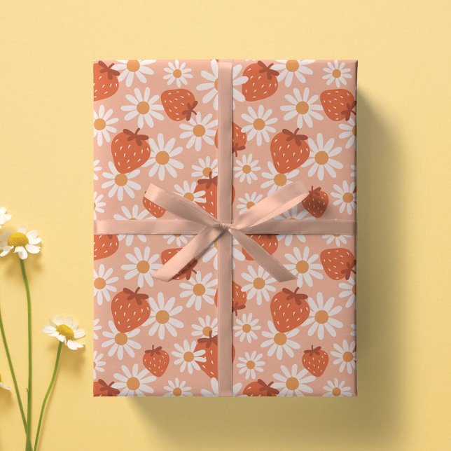 Papel De Presente Groovy Daisy Impressão de Morango Verão Primavera  (Criador carregado)