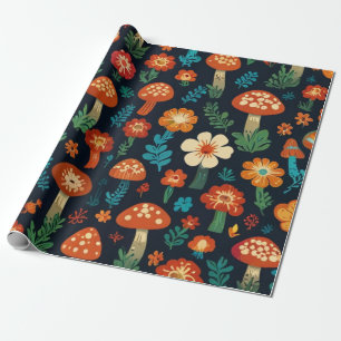 Papel De Presente Groovy Mushroom e Padrão de Flor