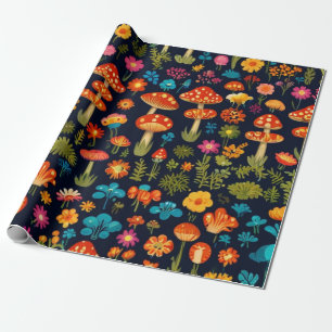 Papel De Presente Groovy Mushroom e Padrão de Flor