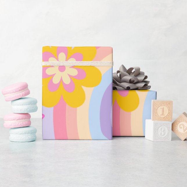 Papel De Presente Groovy One Retro Rainbow primeiro aniversario (Chá de bebê)