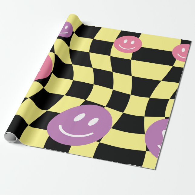 Papel De Presente Groovy psicedelic Retro Smiley Checkerboard, (Desenrolado)