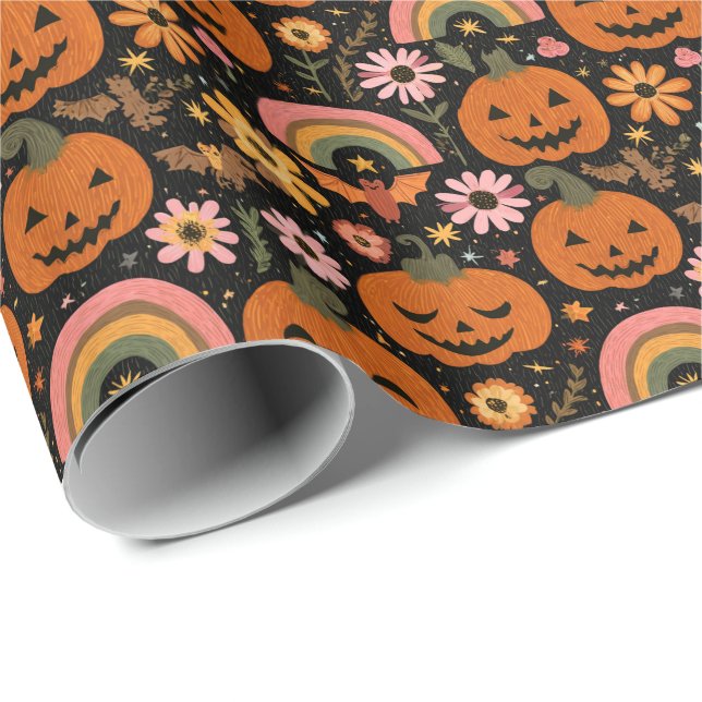 Papel De Presente Groovy Pumpkin e Rainbow Halloween Floral (Ponta do rolo)