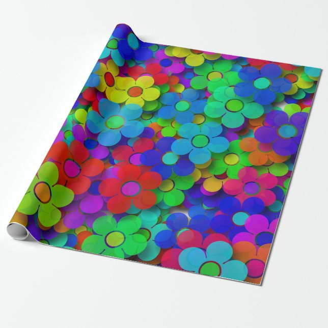 Papel De Presente Groovy Rainbow Flowers Blue (Desenrolado)