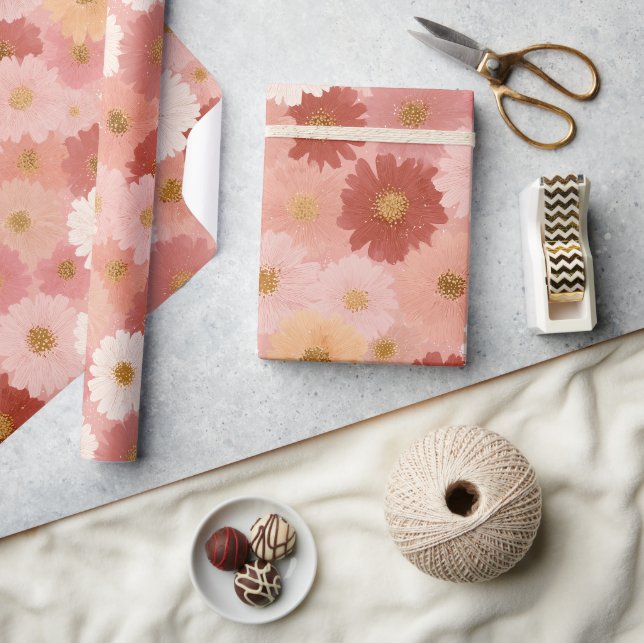 Papel De Presente Groovy Rubor Boho Daisy Floral Padrão Jardim (Artesanato)