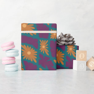 Papel De Presente Groovy Wavy Trippy 60s Flor Verifica Laranja Cor-d