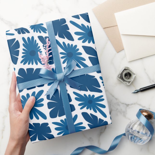 Papel De Presente Groovy Wavy Trippy 60s Flower verifica Blues (Presentear)