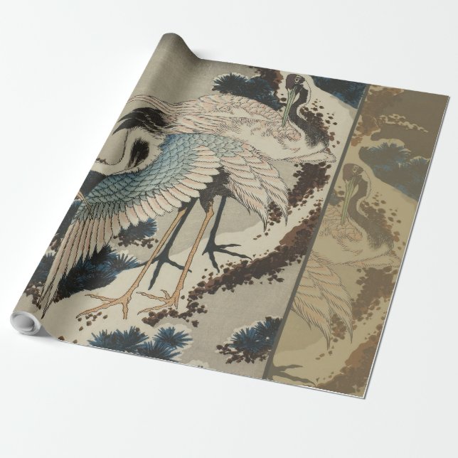 Papel De Presente Gruas em Pine Hokusai coberto de neve (Desenrolado)