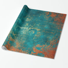 Papel De Presente Grunge Copper Patina e Turquoise Damask